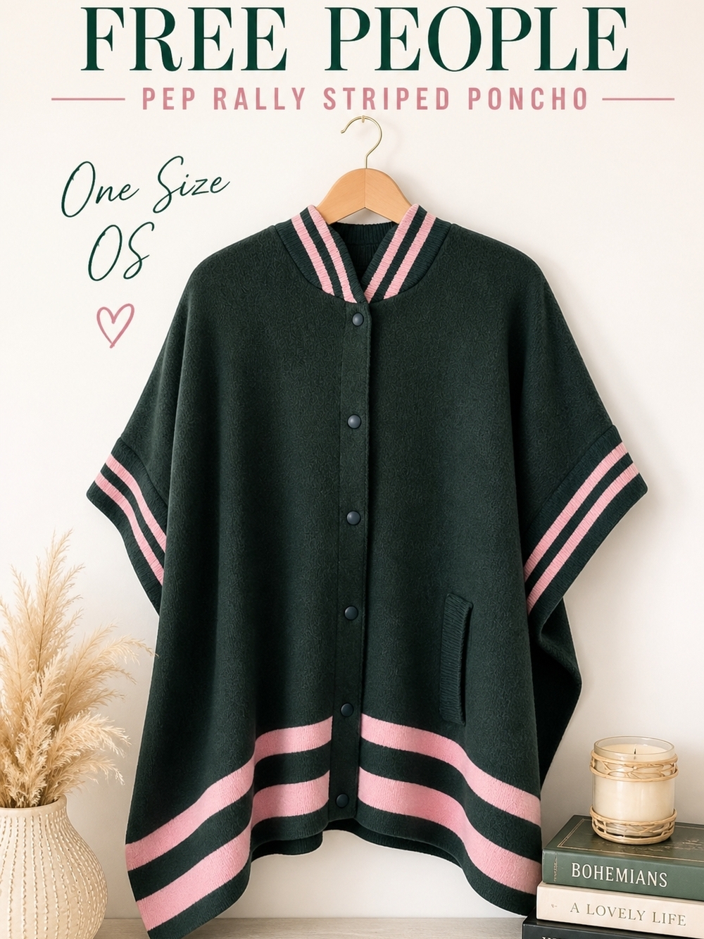 Free People Pep Rally Striped Poncho OS Green Pink Oversized Snap Front Cape